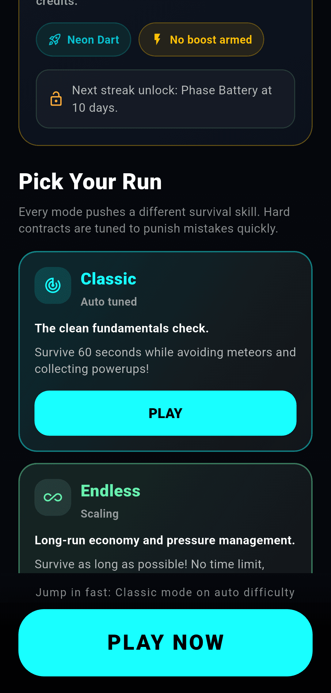 Neon Drift mode selection grid showing multiple playable modes
