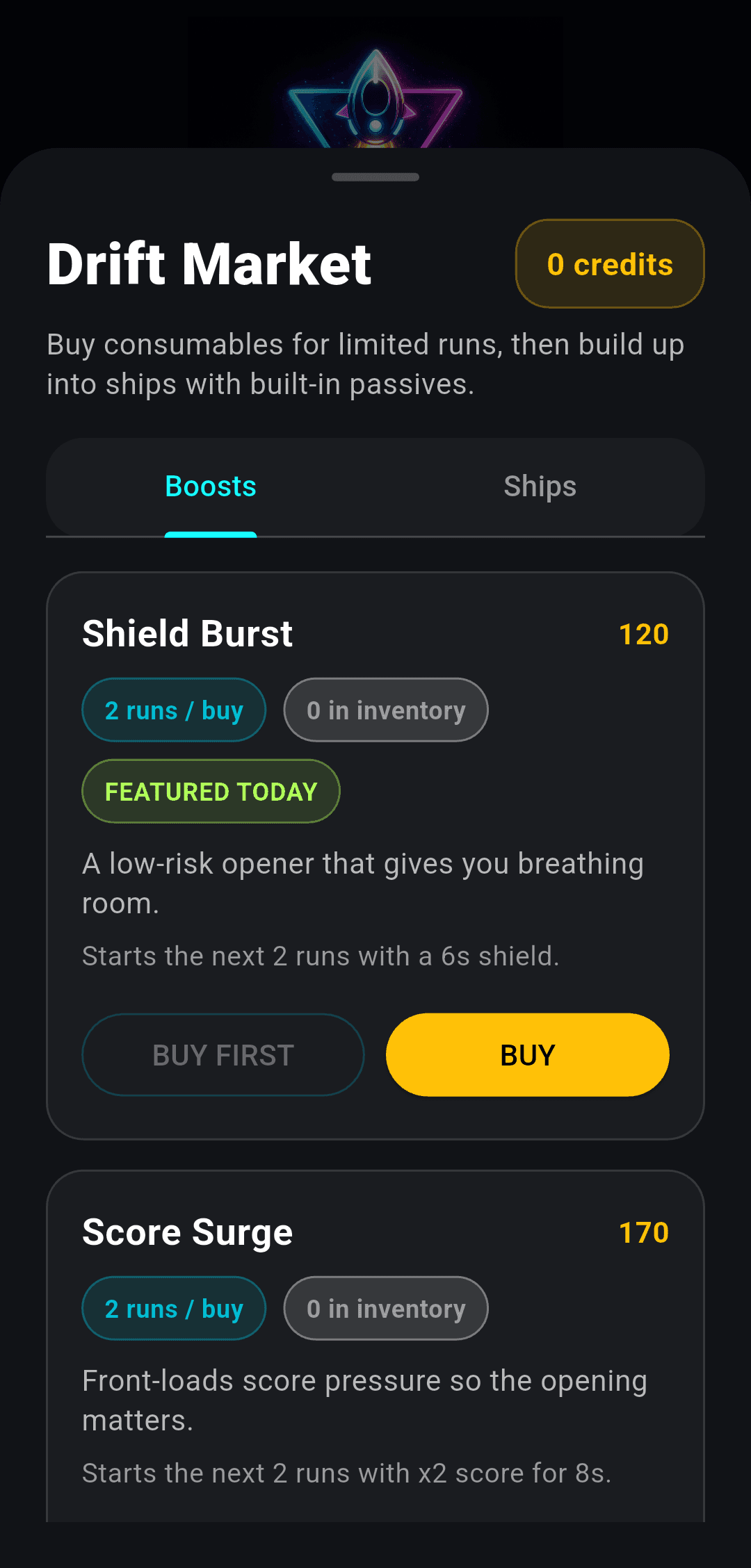 Neon Drift boosts store with consumables for upcoming runs