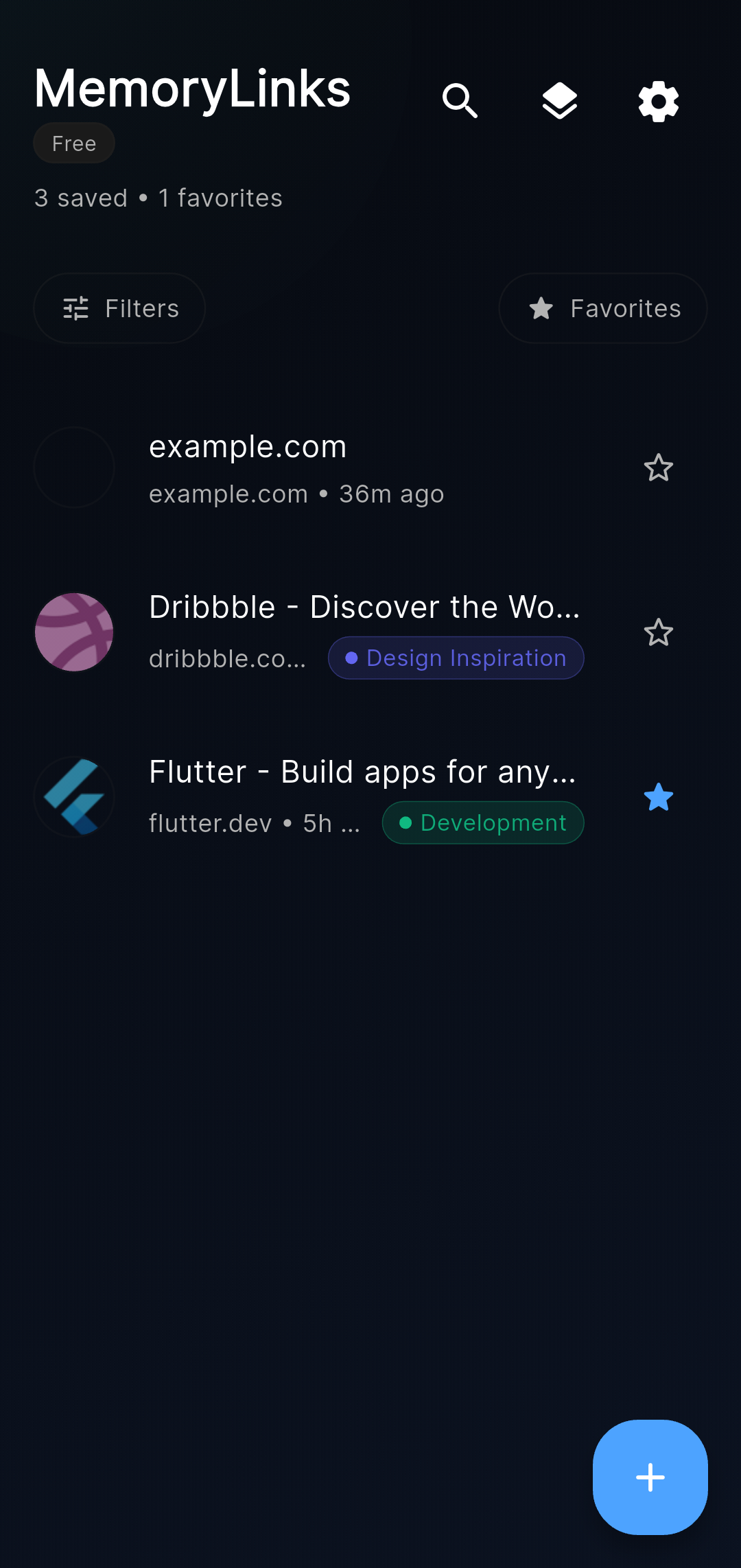 MemoryLinks Android home screen showing saved links, filters, favorites, and search